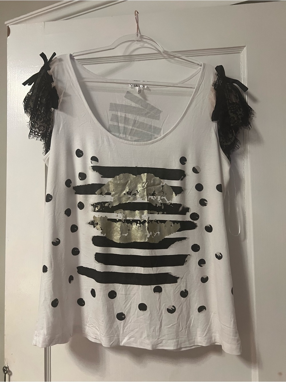 VENUS White Graphic Lace-Shoulder Tank with Gold Foil Accent